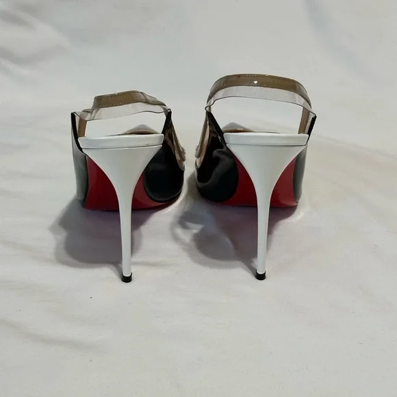 Christian Louboutin Paulina Sling 100 Patent/PVC Black, Nude, and White Heels - Picture 3 of 12